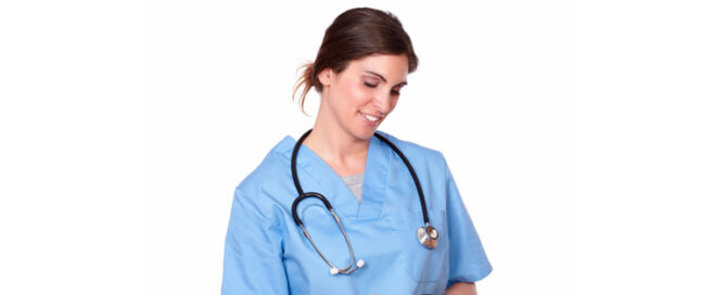 Healthcare professional using mobile phone.
