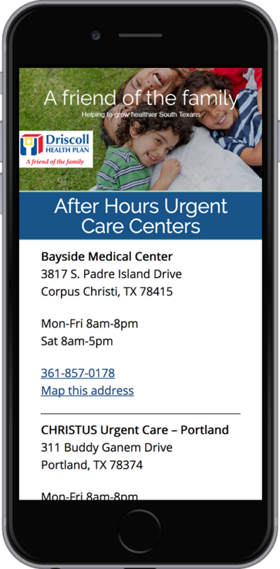 Driscoll Health Plan Mobile Website of After Hours Urgent Care Centers on Black Mobile Phone