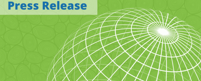 A green background with textured patterns and a white spherical grid design that represents a globe. In the top left corner, the words "Press Release"