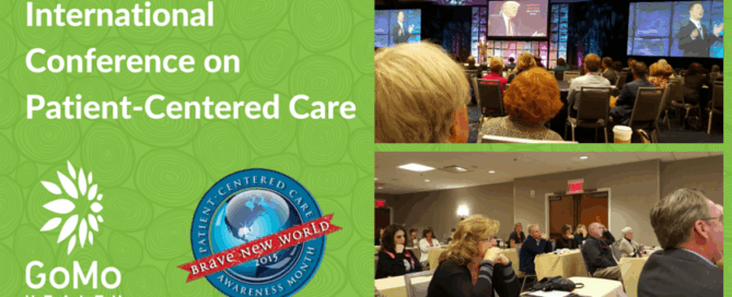 A presentation at the International Conference on Patient-Centered Care and a logo for GoMo Health and a badge indicating "Brave New World."