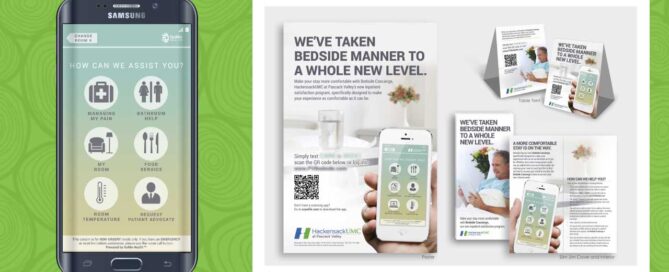 Smartphone displaying a user interface that includes various icons for assistance and flyers or brochures, with text highlighting improvements in "bedside manner."
