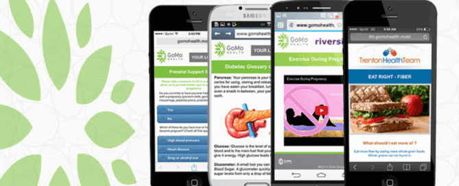 Four smartphones displaying GoMo health related websites.