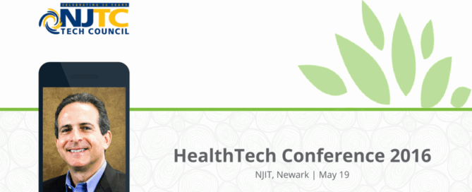 A promotional banner for the HealthTech Conference 2016, organized by the NJTC Tech Council at NJIT in Newark on May 19.
