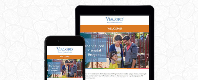 A digital welcome message for the ViaCord Prenatal Program, shown on both a smartphone and a tablet.