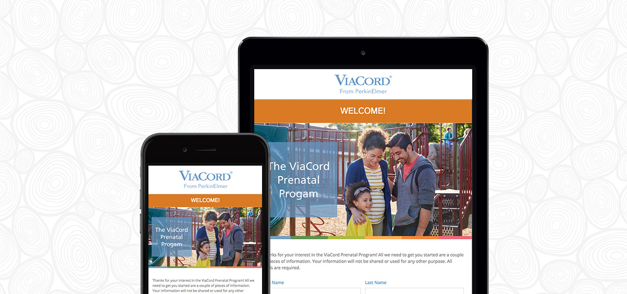 A digital welcome message for the ViaCord Prenatal Program, shown on both a smartphone and a tablet.