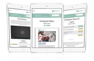 Three tablets displaying baby care and self-care lessons with videos and feeding guidance.