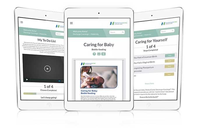 Three tablets displaying baby care and self-care lessons with videos and feeding guidance.