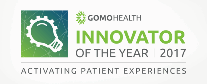 Gomo Health logo, text reads "Innovator of the year | 2017" with the phrase "Activating Patient Experiences" below it.