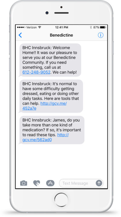 Benedictine Health Concierge Care GoMo Health Messages on iPhone