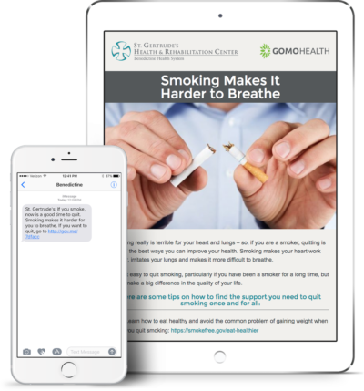 Benedictine Text Message on Mobile Phone and Quit Smoking Webpage on Tablet