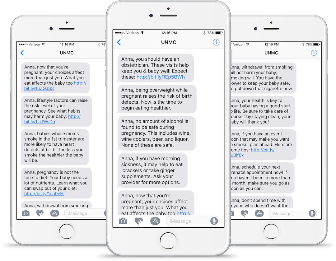 UNMC Personal Concierge Text Messages on 3 iPhones