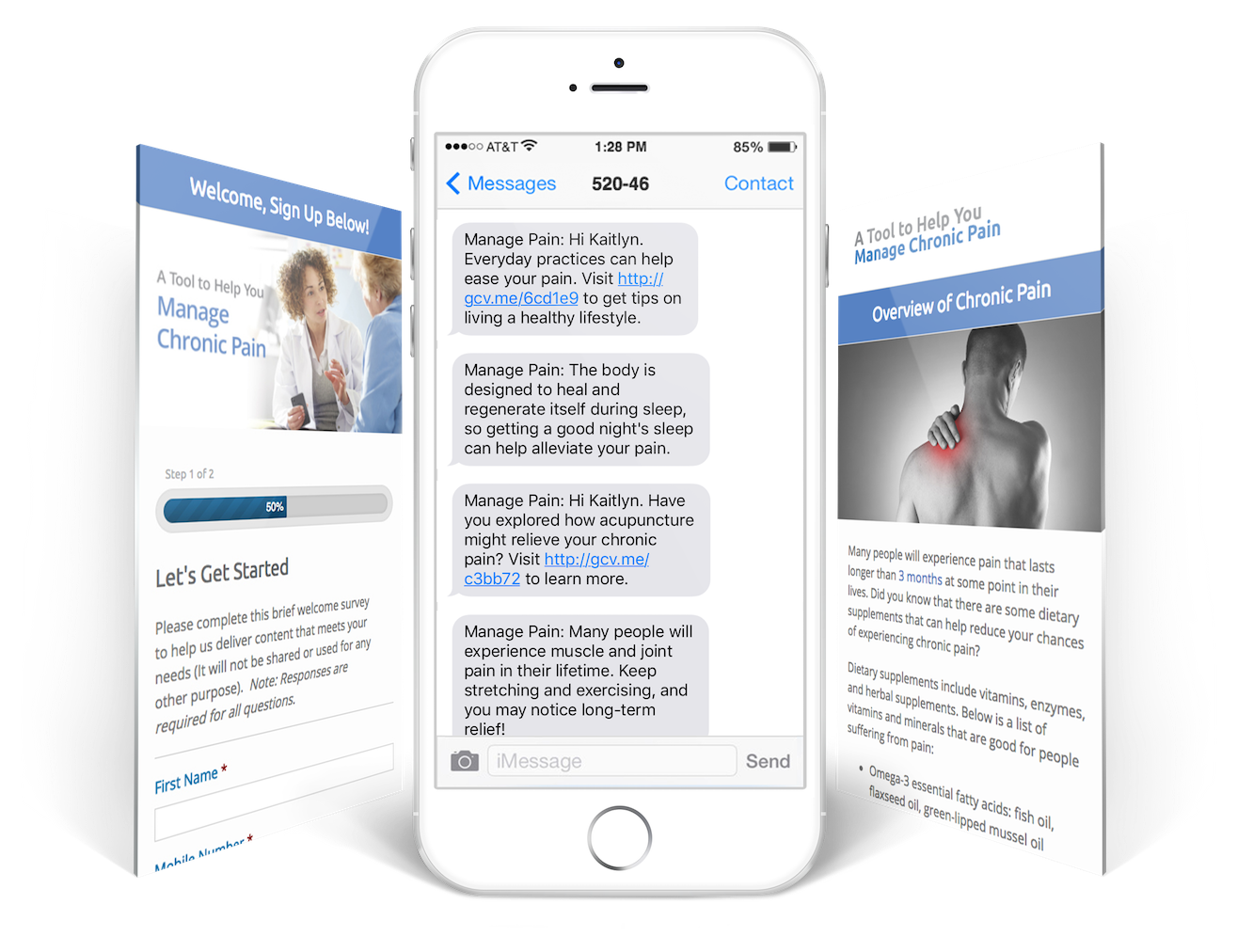 Med IQ mockup of text messages on a mobile device and two screenshots of informational pages offered to patients