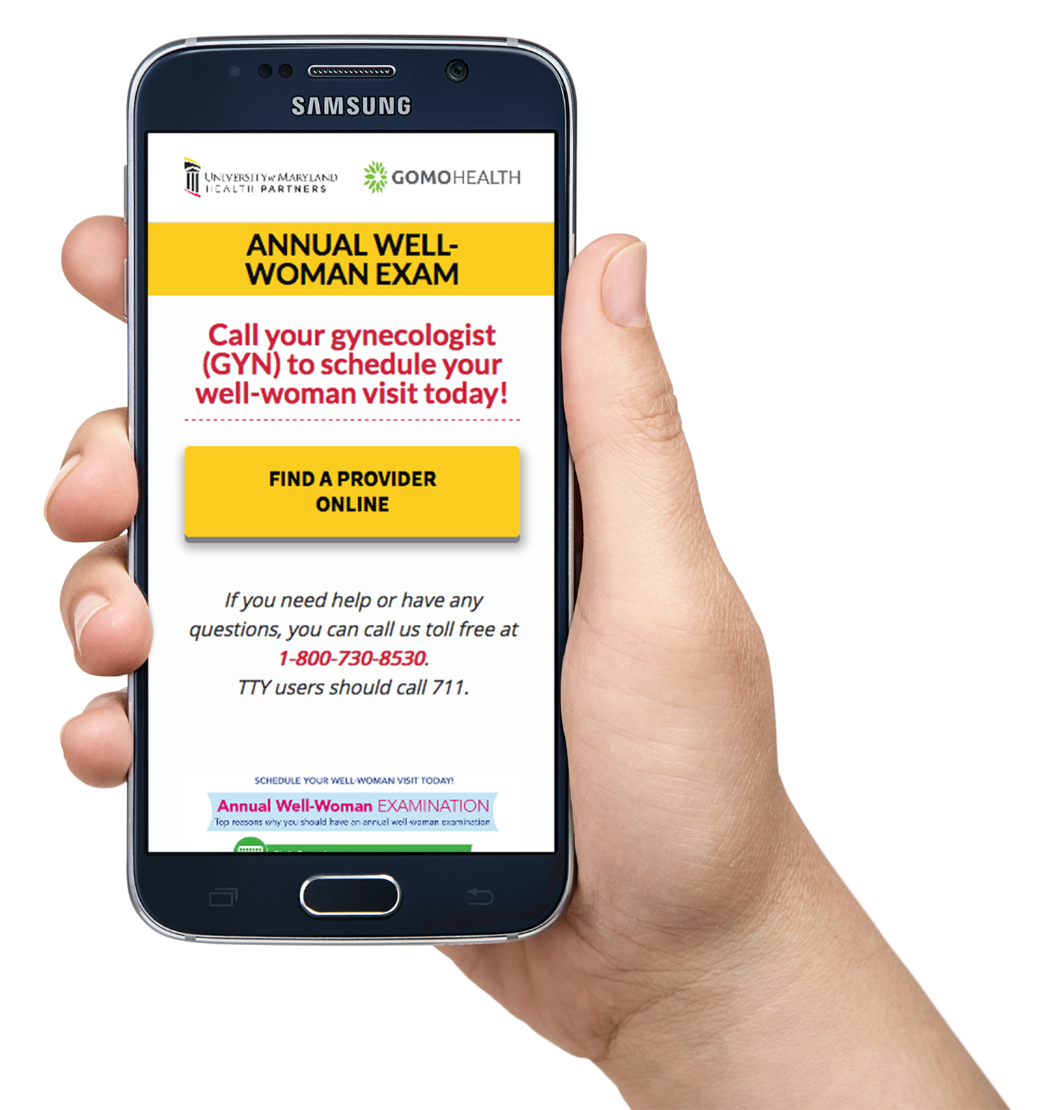 UNMC_AnnualWellComanExam_Hand-CLOSE-Mockup university of maryland health partners