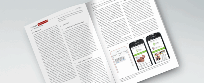 An open magazine or journal with printed text on the left page and a visual of mobile phone screens displaying apps or websites on the right page.