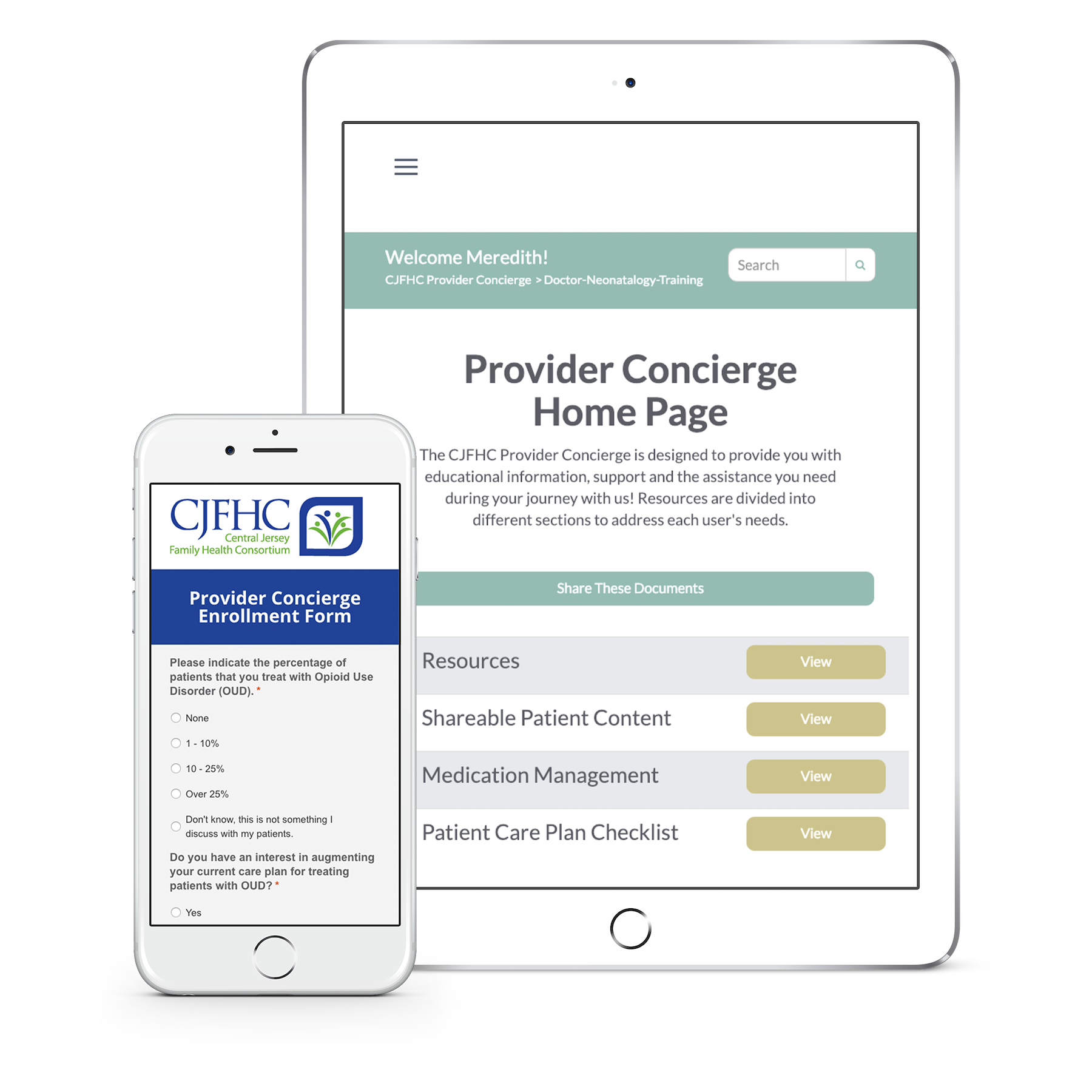 CJHFC Provider Concierge Enrollment form (on mobile) and homepage (on tablet)