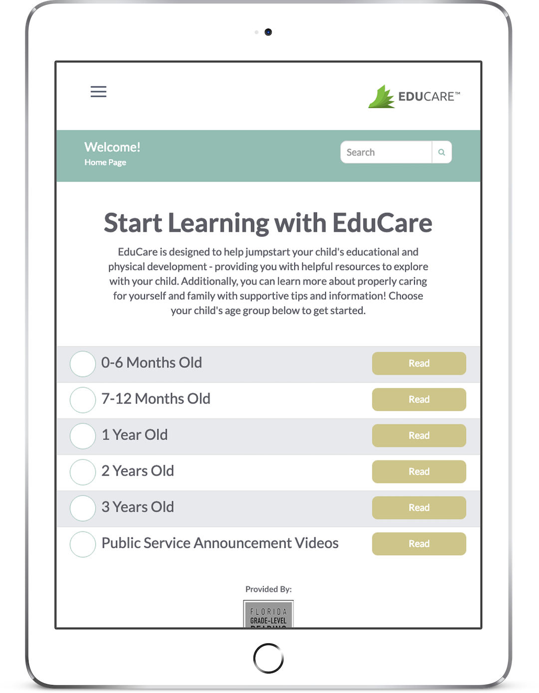 EduCare FGLRC GoMo Health Care Companion™ Mobile Library – Learning Management System Mockup on Tablet Device EduCare FGLRC GoMo Health Care Companion™ Mobile Library - Learning Management System Mockup on Tablet Device