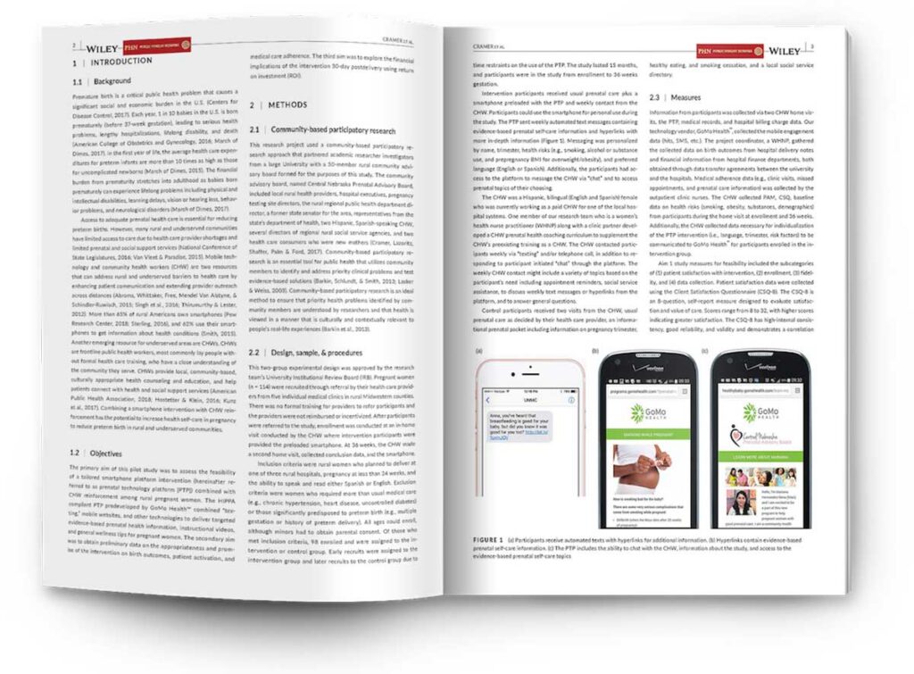 Report spread with research sections and mobile app illustrations