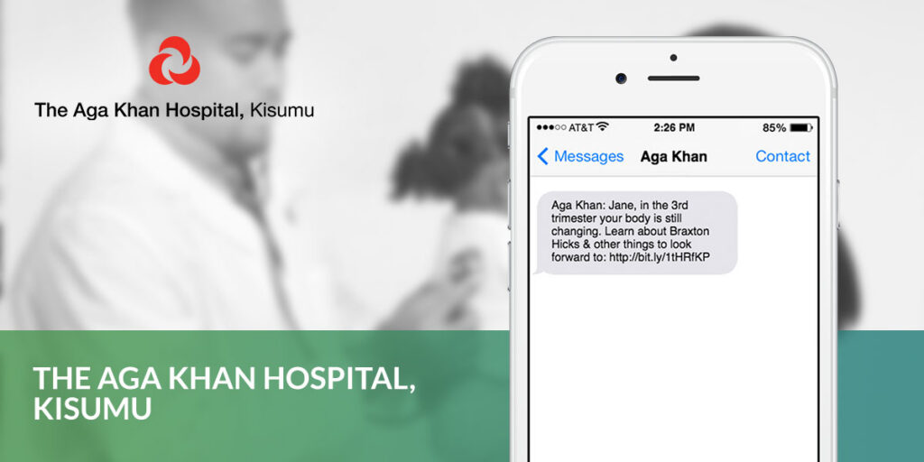 Aga Khan Hospital Kisumu text message displayed on phone screen.