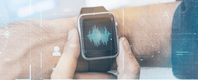 A hand is adjusting a smartwatch on a wrist, with a waveform visual, indicating audio or voice activity.