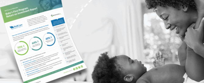 Woman smiling down at a baby lying is looking up at her with an expression of joy. In the foreground, there is a report titled "Baby's First Projects Based on an Initiative Report".