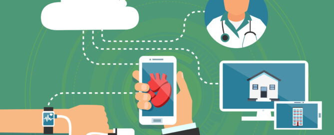 A digital health monitoring system. It features a wearable device on a wrist, illustrating heart rate tracking.