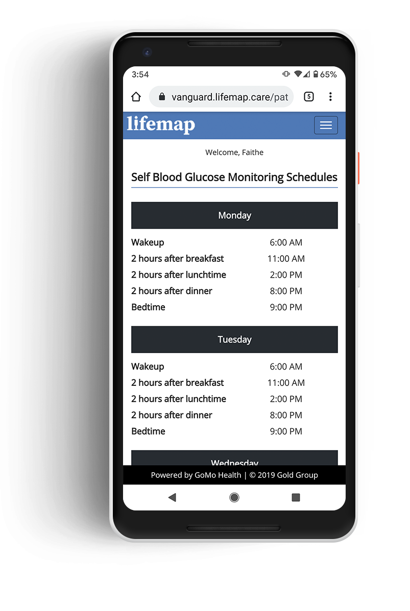 LIFEMAP Vanguard Self Blood Glucose Monitoring Schedule Screen on two mobile devices