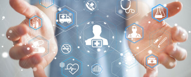 Person with outstretched hands, surrounded by various health and medical icons.