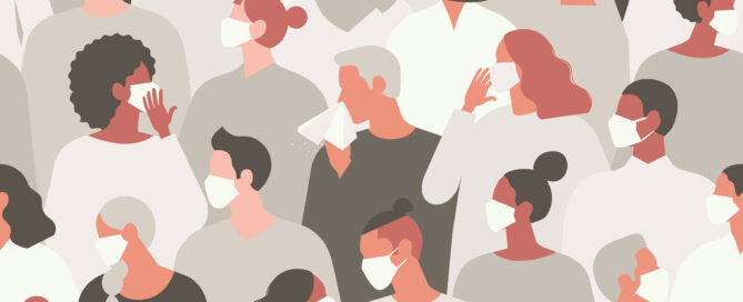 A diverse group of people, all wearing masks.