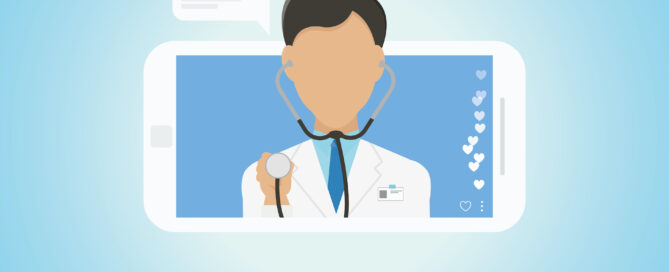 Stylized representation of a doctor visible on a smartphone screen.