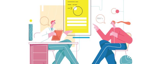 Illustration of doctor consulting patient with modern with bright colors.