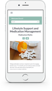 Lifestyle support and medication management info displayed on phone screen.