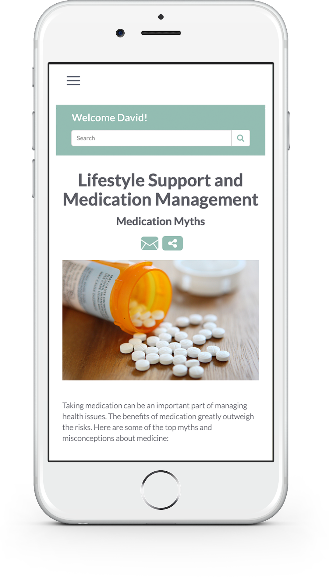 Lifestyle support and medication management info displayed on phone screen.