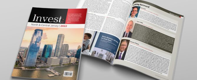 Magazine titled "Invest: North & Central Jersey 2022.", showing articles and profiles, likely featuring business insights or interviews related to the region.
