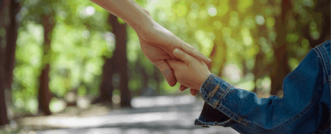 Adult hand holding a child's hand, walking together on a path surrounded by trees.