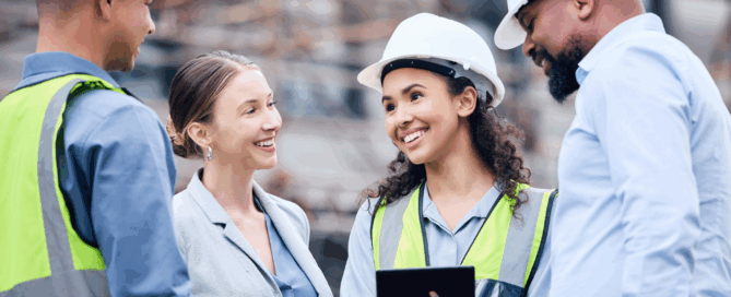 Workers in a construction site having a delightful discussion.