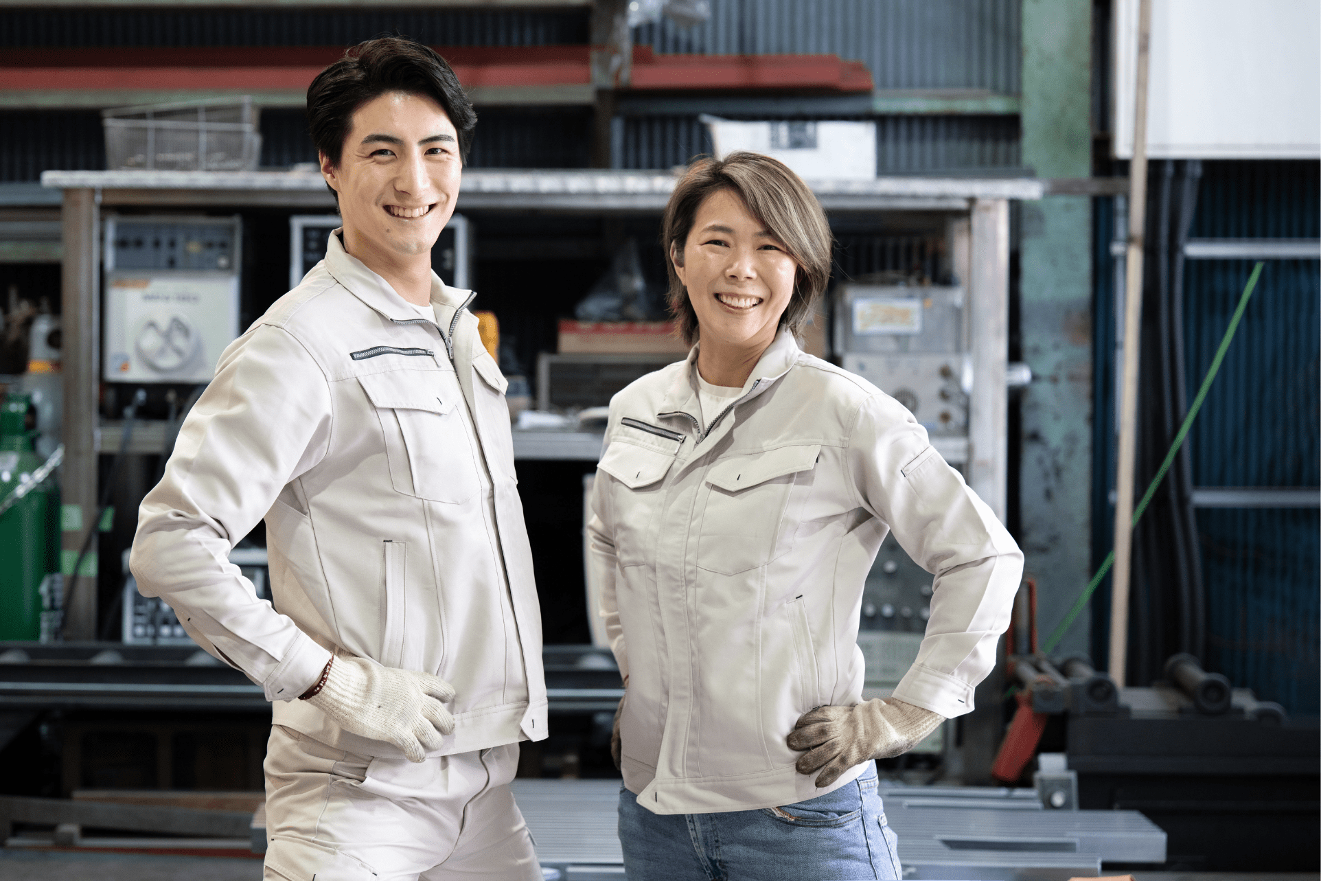 a male and female worker standing in front of their work space
