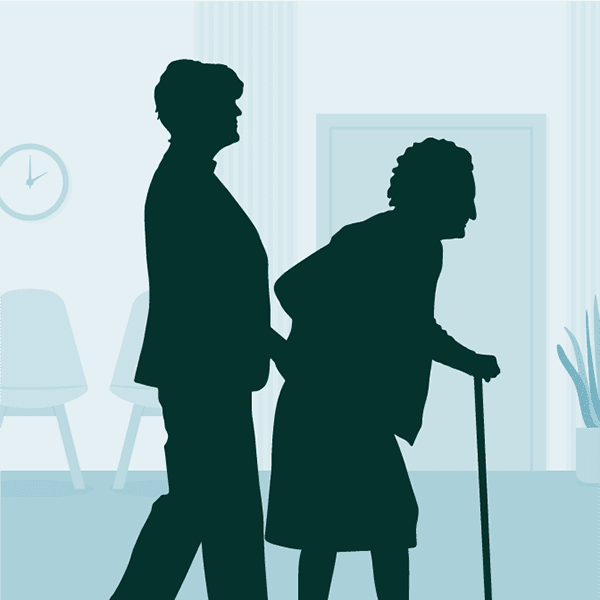 Caregiving Silhouettes of a female caregiver and elderly woman walking