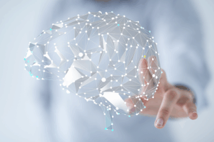 A digital representation of a brain made up of interconnected lines and dots.