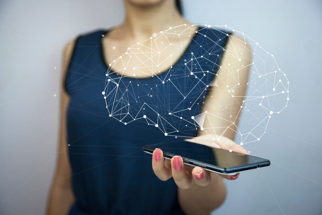 woman hand phone with barin