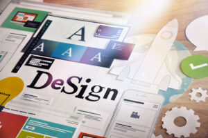 A colorful collage related to design, showcasing various elements such as text samples, user interface mockups.