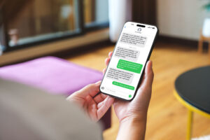 A person holding a smartphone displaying a text message conversation.