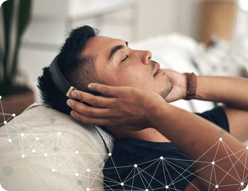 Man with headphones, listening to music and peaceful with meditation and radio.