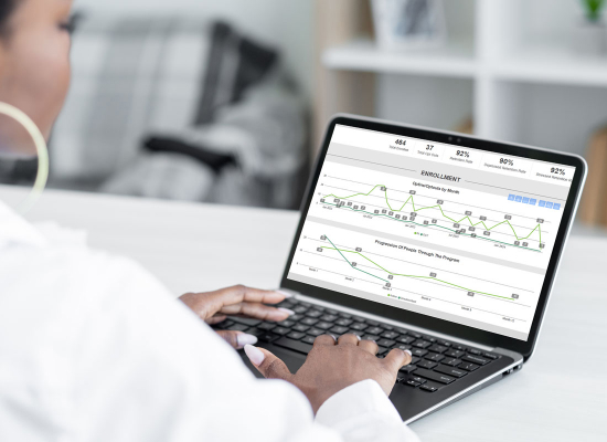 A person sitting at a desk using a laptop with screen displays various data visualizations, including graphs and figures.