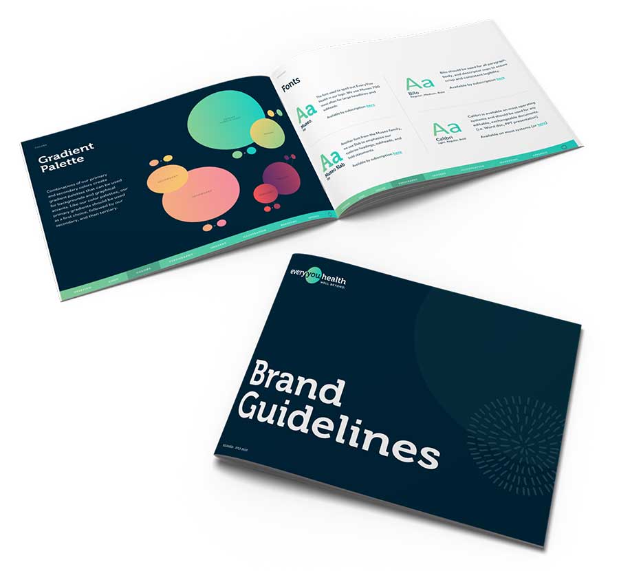 Brand Guidelines booklet with colorful gradient design and modern layout