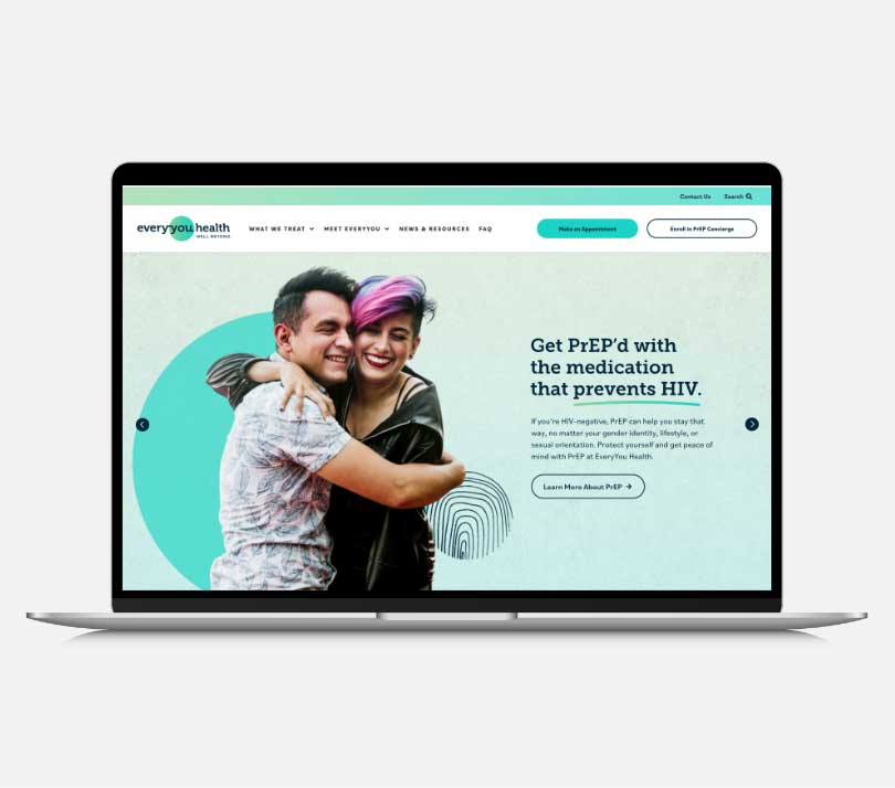 Laptop displaying an Everyday Health PrEP HIV prevention webpage with a smiling couple
