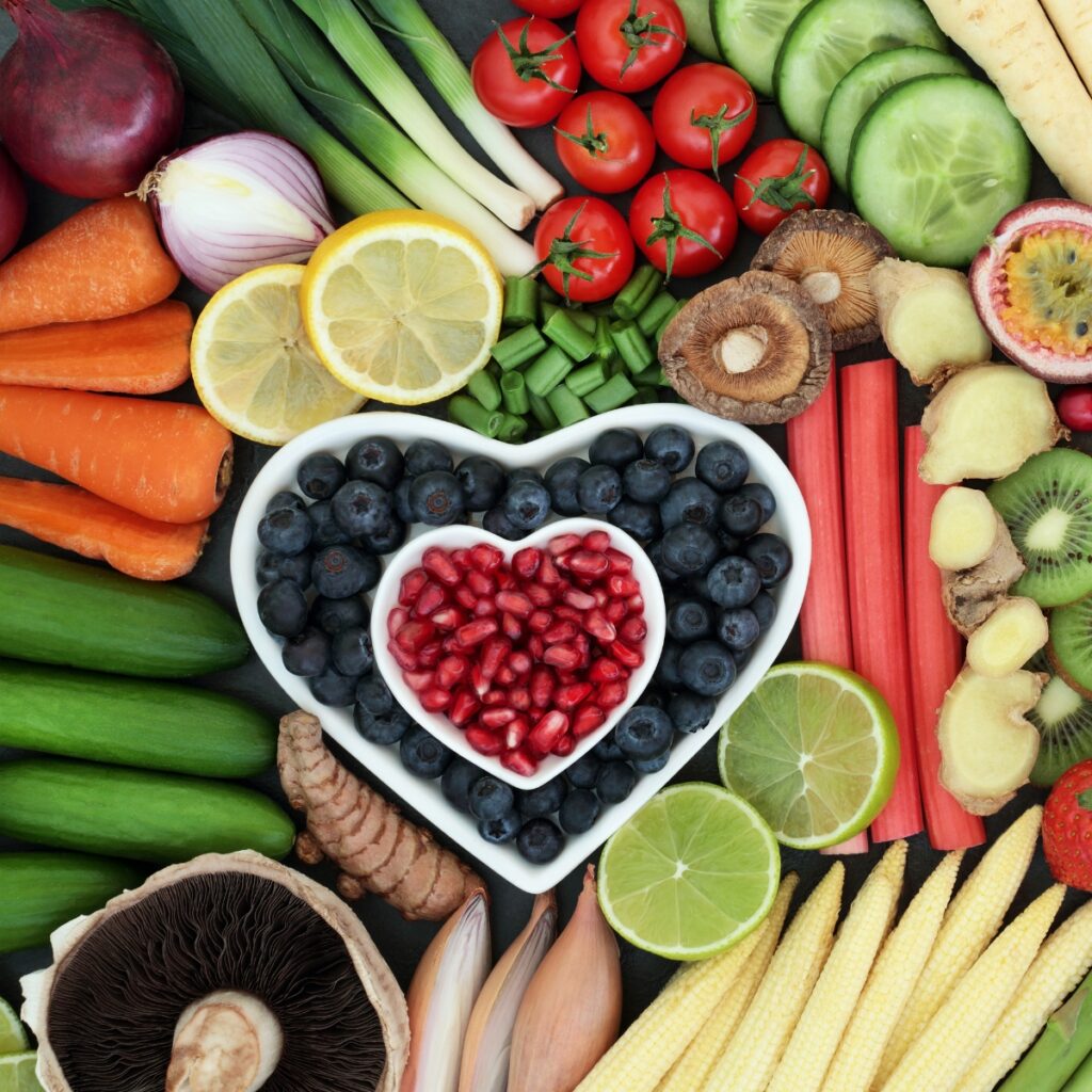 Healthy table full of fruits and vegetables
