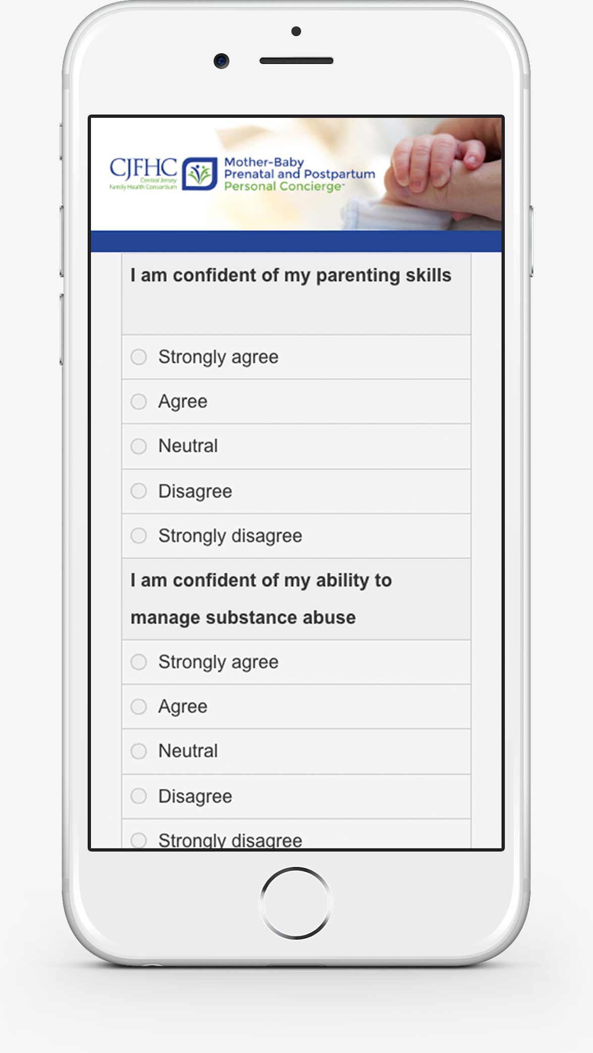 CJFHC Personal Concierge Onboarding Survey displayed on phone screen