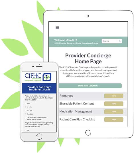 CJFHC Provider Concierge Enrollment Companion displayed on iPhone and iPad screen