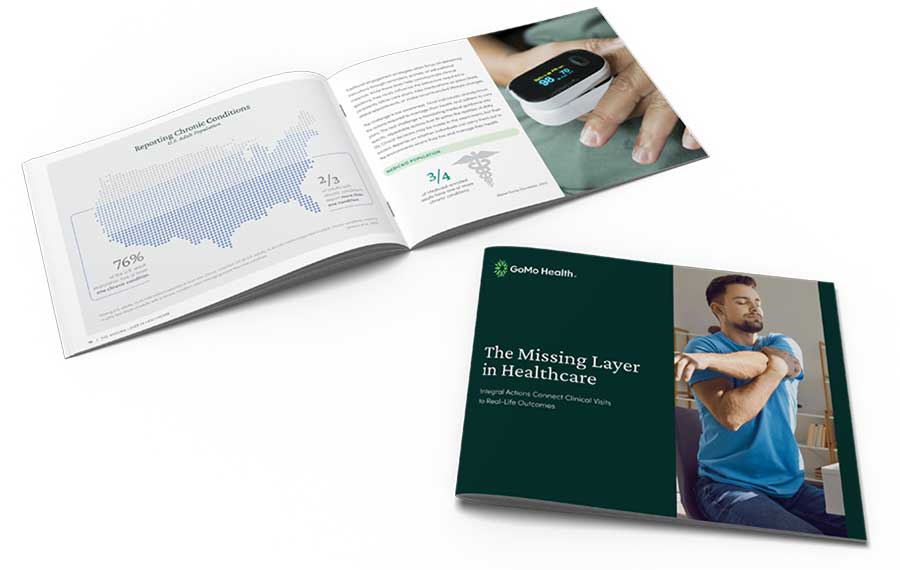GoMo Health brochure featuring healthcare data visualizations and health monitoring