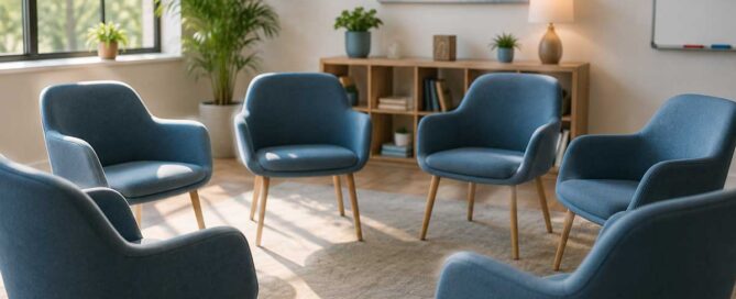 Behavioral health group therapy room with empty chairs arranged in a circle